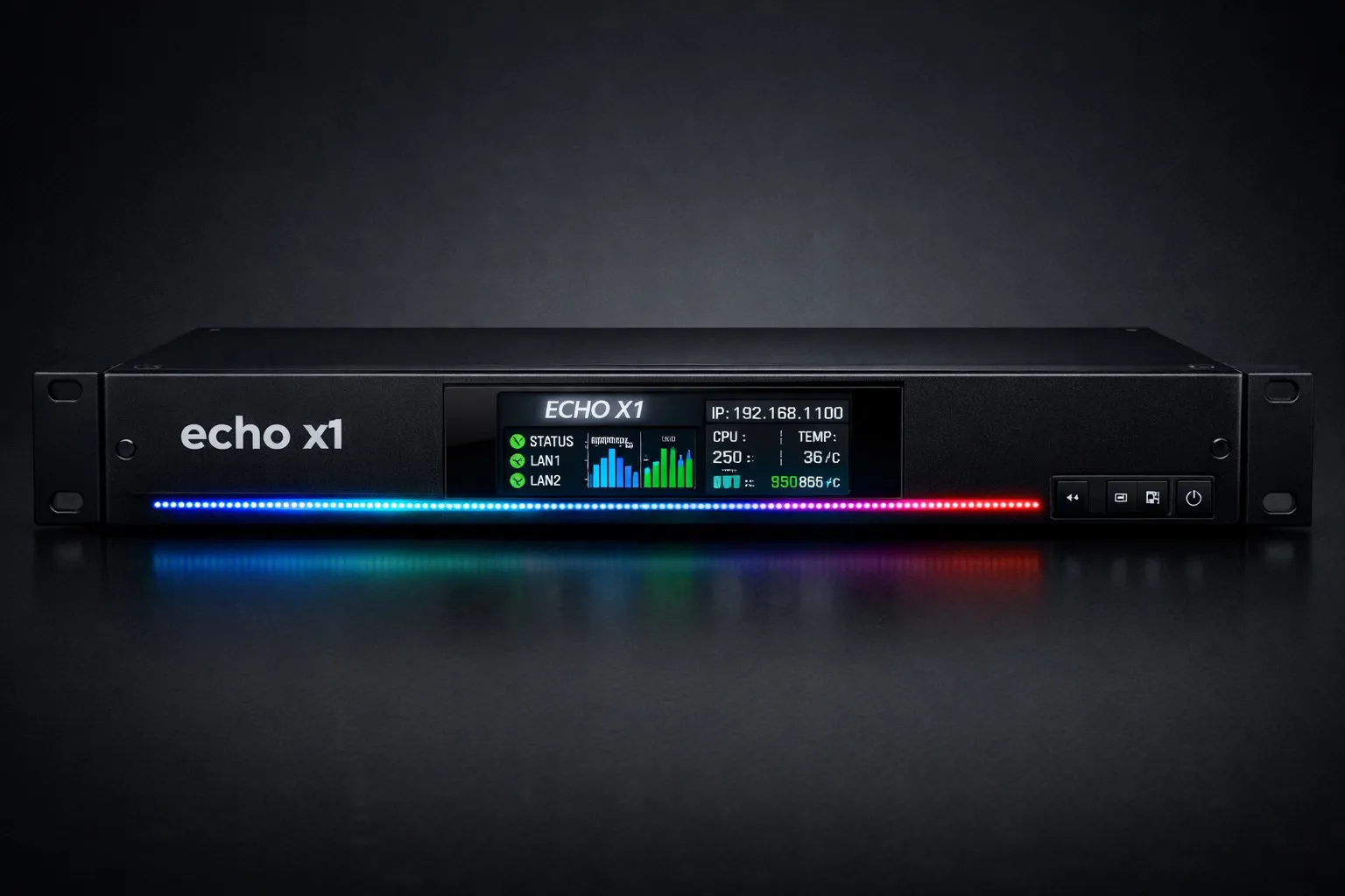 ECHO-X1 ön panel: 2.4 inç renkli ekran ve RGB durum LED şeridi